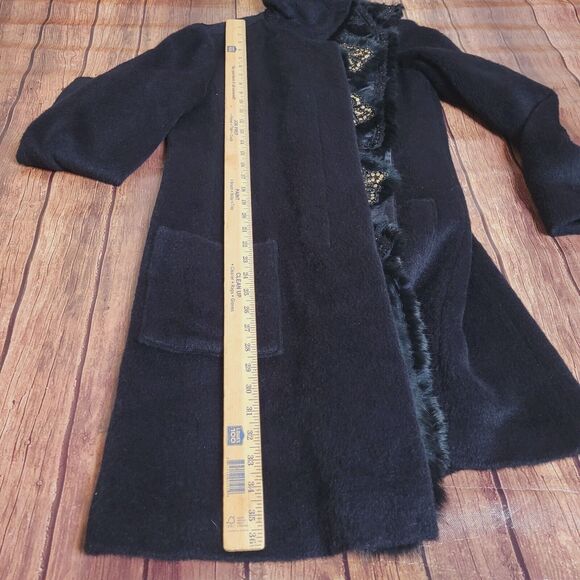 Olivine Gabbro Coat Womens 6 Black Alpaca Embellished Mid Length Rabbit Fur Trim - Picture 4 of 16